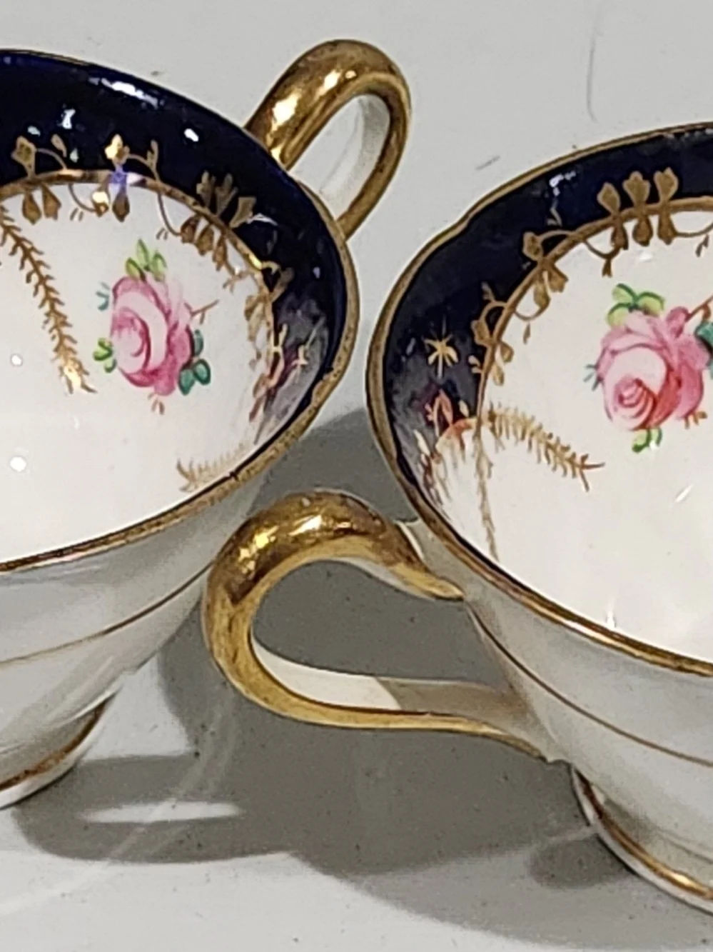 Antique Grosvenor China Bouillon Cups Pair Cobalt Blue Gold Rose 1920s Jackson G